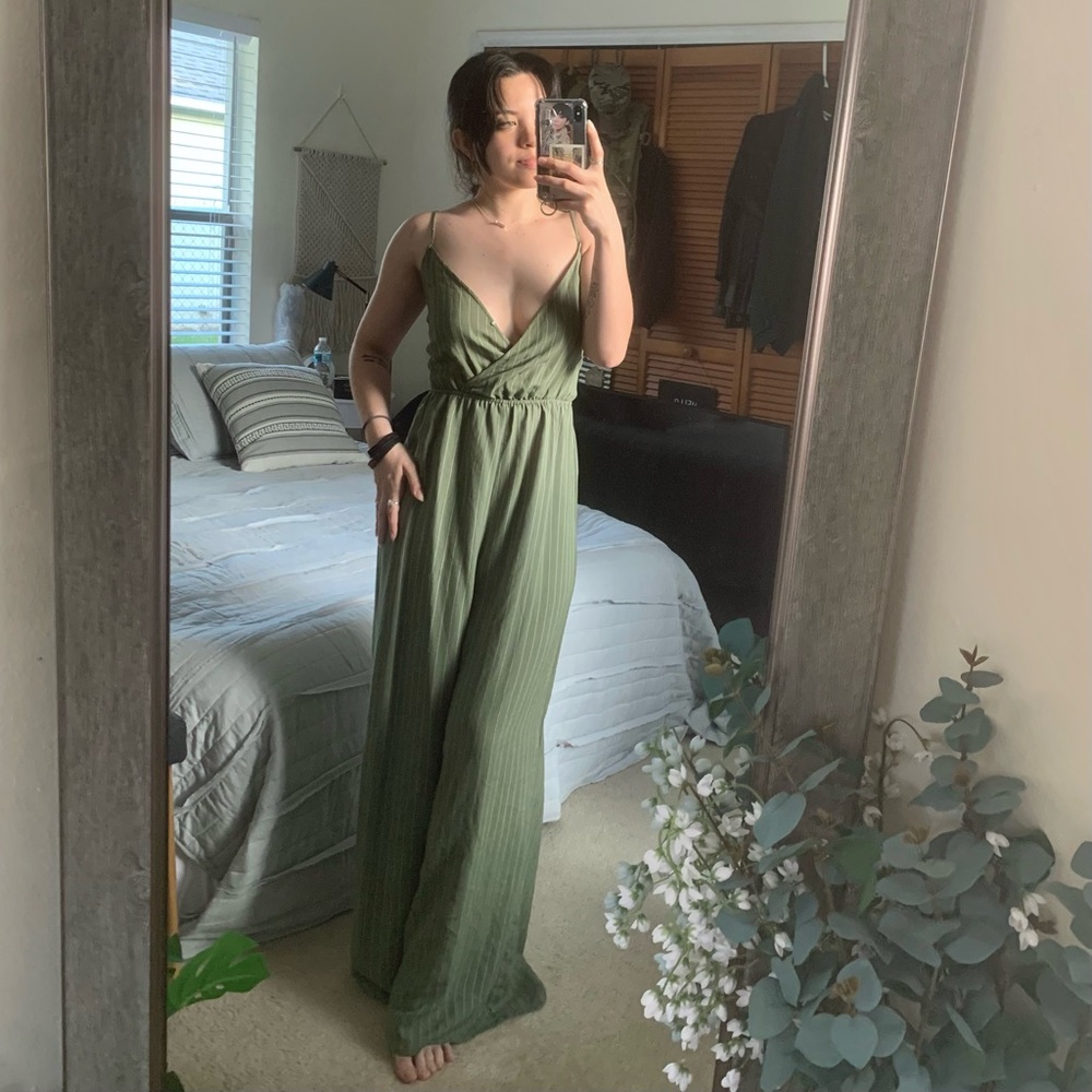 Flying Tomato Sage Green Striped Wide-Legged Jumpsuit